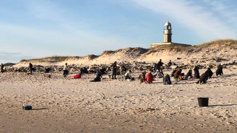 Barbanza se echa a las playas para limpiar el vertido de pellets de plstico.En la playa de Lario tambin se organizaron grupos de limpieza.