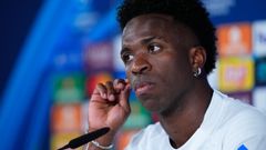 Vinicius, hoy, durante la rueda de prensa previa al partido de Champions ante el Bayern de M�nich.