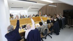 Los concejales del PP y el del BNG (Tino Alvite, tercero por la izquierda, al fondo), votando en contra de los presupuestos en el pleno de marzo