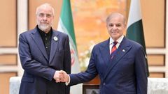 El l�der del Parlamento iran�, Mohamad Bagher Ghalibaf, con el primer ministro pakistan�, Shehbaz Sharif