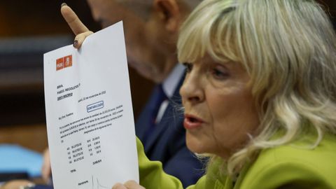 Mara Caballero, senadora de UPN, durante su intervencin en el interrogatorio a Pedro Snchez en la comisin de investigacin del caso Koldo