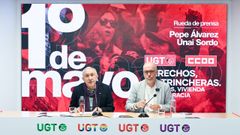 El secretario general de CC.OO., Unai Sordo, y el secretario general de UGT, Pepe �lvarez, durante una rueda de prensa para presentar las movilizaciones del Primero de Mayo.