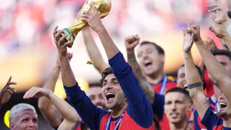 Ferran Torres of Spain celebrates with the trophy after winning the 2026 FIFA World Cup during the FIFA World Cup 2026