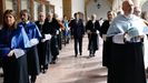 Vicente Gotor, Juan V�zquez,.Javier Fern�ndez y Santiago Garc�a Granda, durante la apertura del curso acad�mico 2018-2019, en el claustro de la Universidad de Oviedo