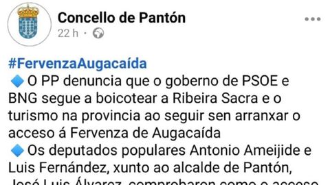 Una captura de la publicacin del perfil de Facebook del Ayuntamiento de Pantn que critica la agrupacin local del PSOE