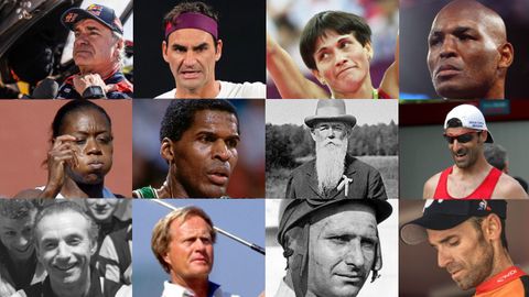 Carlos Sainz, Roger Federer, Oksana Chusovitina y Bernard Hopkins, de izquierda a derecha, en la fila superior; Merlene Ottey, Robert Parish, Oscar Swahn y Jess Garca Bragado, en la segunda fila; Stanley Matthews, Jack Nicklaus, Juan Manuel Fangio y Alejandro Valverde en la fila inferior