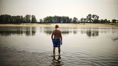 Un hombre en el r�o Po, cerca de Pav�a, Italia