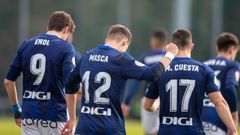 Enol, Masca y Miguel Cuesta celebran uno de los goles del Vetusta a la Gimnstica