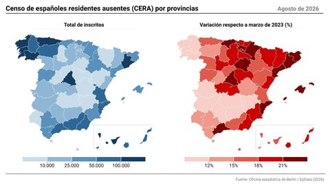 Infograf�a con datos del Censo Electoral de Residentes Ausentes (CERA) en Espa�a. Madrid, Barcelona, Asturias y Santa Cruz de Tenerife son las circunscripciones en las que se ha producido un mayor incremento de inscritos en el Censo Electoral de Residentes Ausentes (CERA) desde las elecciones generales del a�o 2023