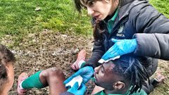 Alpha tuvo que ser atendido en el campo, tras un empuj�n que lo hizo impactar con una valla