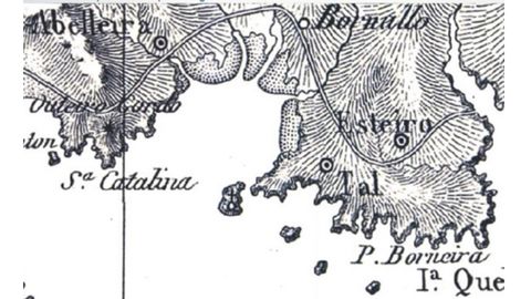 A illa de Santa Catarina, na carta xeom�trica de Domingo Font�n (1845), onde unha cruz sinala o emprazamento dun templo cristi�n