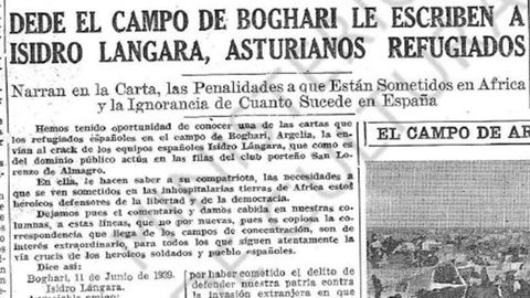 Publicacin en prensa de la carta de un internado espaol en un campo de trabajo de Argelia, en junio de 1939, y dirigida al clebre futbolista Lngara