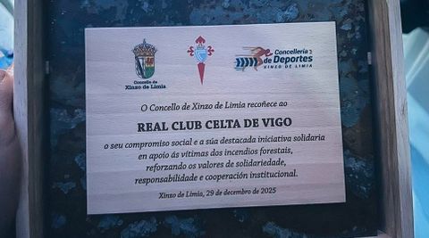 Placa que acredita la menci�n concedida al Celta por la iniciativa �Xuntos contra o lume�.