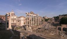 Panor�mica del foro de Vespasiano, con los restos del Templo de la Paz en el margen derecho de la imagen. 
