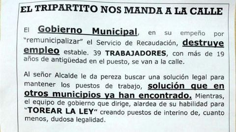 Octavillas repartidas por los trabajadores de la auxiliar de recaudaci�n