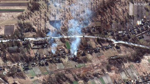 La columna militar rusa que se acerca a Kiev alcanza los 64 kilómetros de largo y consiste en carros blindados, artillería y otros vehículos.