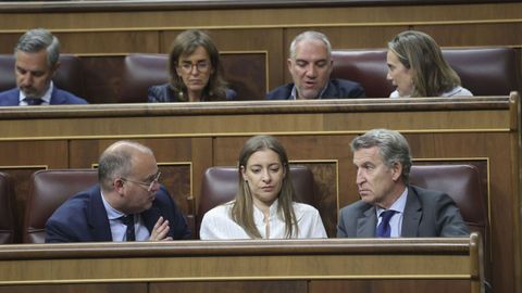 El presidente del PP, Alberto N&uacute;&ntilde;ez Feij&oacute;o junto a los diputados populares Miguel Tellado y Ester Mu&ntilde;oz