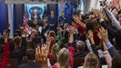 Trump, ante una repleta sala de prensa de la Casa Blanca.