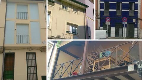 Sobre estas l�neas, a la izquierda, el inmueble de la calle Atocha que fue recientemente remozado en su exterior. Arriba, uno de los bloques de viviendas p�blicas de la calle Eladio Verde y el bajo sin uso de la plaza del Lavaderu. Abajo, a la derecha, el estado del piso superior de las viviendas p�blicas de la calle de la Soledad. 