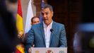 El presidente del Gobierno, Pedro S�nchez, en la rueda de prensa posterior a su d�cima visita a La Palma.