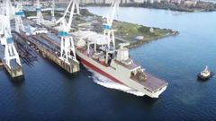 La botadura en Navantia Ferrol del buque australiano Nuship Supply, a vista de dron