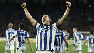 Oyarzabal, tras anotar el gol de la Real Sociedad ante el Athletic en la vuelta de las semifinales de Copa.