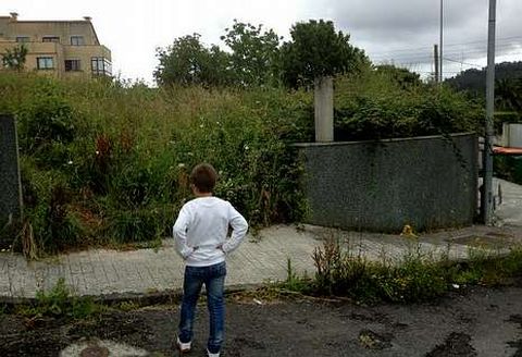 Los tojos invaden las aceras de Moruxo desde una finca propiedad del Ayuntamiento. 