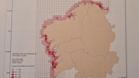 Mapa del muestreo de nasas de pulpo en Galicia, elaborado por el programa de seguimiento auton�mico, incluida en el �Atlas da frota de baixura do litoral de Galicia (2000-2018)�.