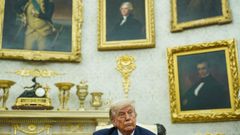 Trump junto a una coleccin de cuadros con marcos dorados en la Casa Blanca.