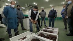 A la izquierda, Justo Garc�a, jefe de cancha en la lonja de Armadores de Burela, este martes por la tarde, en la subasta de marisco en la que se vendieron los primeros centollos de la temporada
