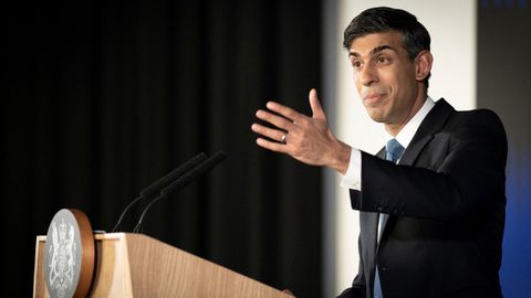 El primer ministro brit�nico, el conservador Rishi Sunak, este mi�rcoles, durante el discurso en el que marc� las l�neas maestras de su Gobierno para este 2023