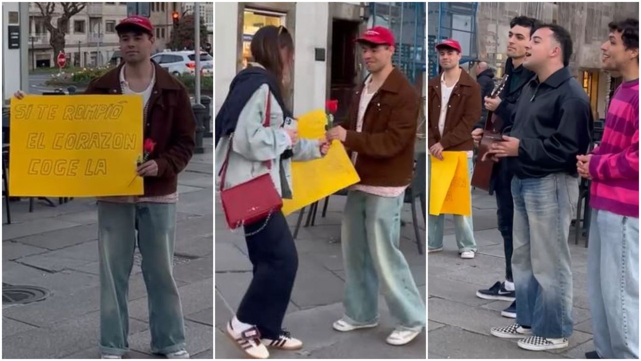 Los microconciertos espontáneos de estos cuatro jóvenes emocionan en las calles de Santiago a las personas que se atreven a coger su rosa