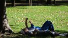 Una pareja descansa en el c�sped en el parque de Ferrera de Avil�s