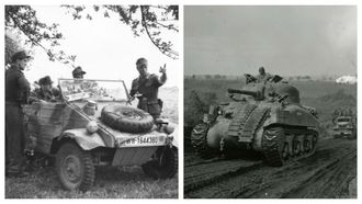 K�belwagen (esquerda), � a versi�n militar do escaravello de Volkswagen que usaron as tropas nazis. O Tanque Sherman (dereita) foi construido por Ford e Chrysler nas plantas de Estados Unidos na Segunda Guerra Mundial.