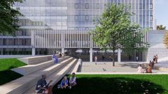 Recreaci�n de una de las entradas a la torre polivlente, rodeada de zonas verdes.