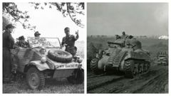 K�belwagen (esquerda), � a versi�n militar do escaravello de Volkswagen que usaron as tropas nazis. O Tanque Sherman (dereita) foi construido por Ford e Chrysler nas plantas de Estados Unidos na Segunda Guerra Mundial.