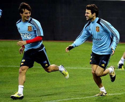 Silva y Cesc, que volver� a ser el falso nueve de la selecci�n, en el entrenamiento de ayer.