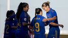 Eva Lois, Sheila Garrido y ADT celebran el gol del Real Oviedo femeniono al Sporting