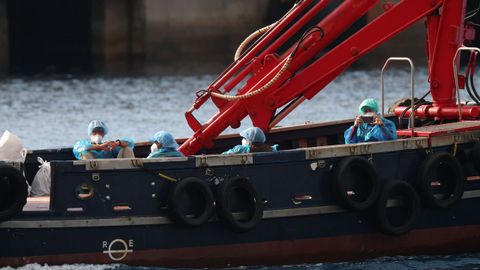 Los pasajeros del crucero MV Hondius son trasladados en barco al puerto tras desembarcar.