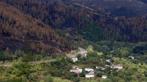 Monte quemado en el incendio de finales de agosto por encima de la vía del tren a la altura de la aldea de O Freixeiro (Quiroga)