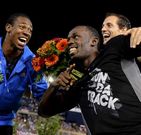 Yohan Blake (i), Usain Bolt y Renaud Lavillenie.