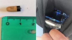 Im�genes del auricular (izquierda) y de la c�mara incrustada en la ropa (derecha) del aspirante que fue detectado copiando en el examen del carn� de conducir