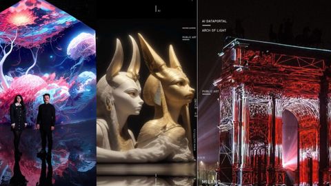 Eylul Duranagac Alici y Ferdi Alici, del Ouchhh Studio, junto a muestras de dos obras del estudio