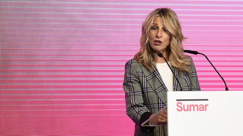 La líder de Sumar, Yolanda Díaz, durante su intervención en el acto celebrado en Madrid
