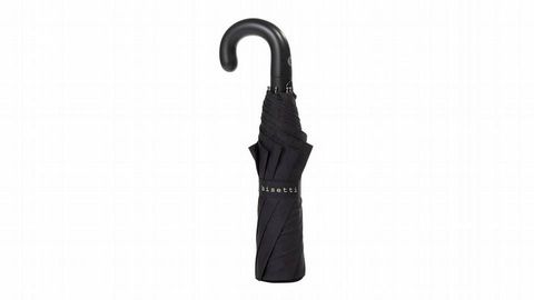 Paraguas de hombre Bisetti  plegable en color negro. Tiene el mango redondeado y bot�n autom�tico para despliegue. Con detalles de la firma en color beige. Precio: 11,95 euros