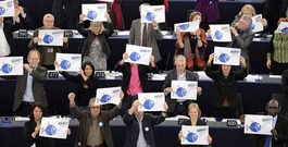 Eurodiputados del Grupo Verde celebran el resultado de la votaci�n sobre la protecci�n y conservaci�n de los recursos pesqueros.