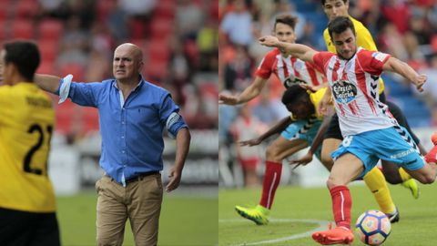 Luis Csar Sampedro y Joselu en un partido ante el Sevilla Atltico de la 16/17