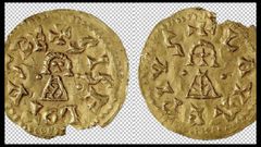 Anverso y reverso de una moneda de oro que probablemente fue acu�ada en el territorio de O Courel durante el reinado del monarca visigodo Sisebuto
