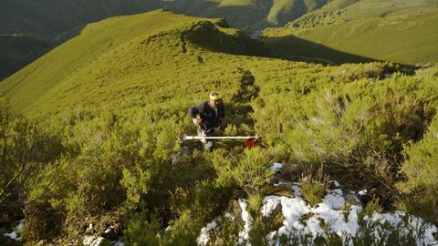 O bilogo, nunha imaxe de arquivo na que desbroza o tramo mis duro da ruta de sendeirismo de subida ao monte Pa Paxaro por Penaboa. lvarez incide na importancia de repoboar o monte, coidalo, cultivalo e mantelo limpo. Tamn destaca o papel dos cortalumes naturais e das especies ignfugas, especialmente dos castieiros.