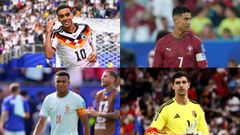 Jamal Musiala, Cristiano Ronaldo, Kylian Mbapp� y Thibaut Courtois, estrellas de Alemania, Portugal, Francia y B�lgica, respectivamente